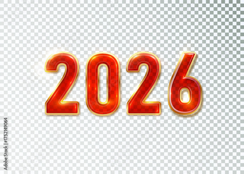Golden red 2026 digits with glitter shine. Happy New Year banner with festive sparkle. Vector background