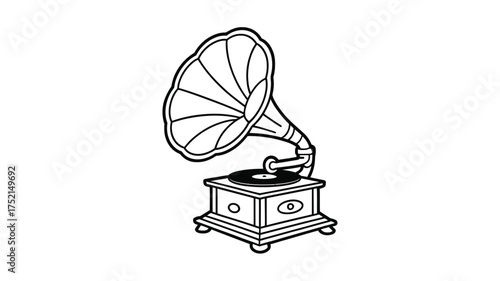 Vintage gramophone with horn and record player on a white background
