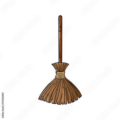The wooden broom and shovel are isolated on a white background as cleaning equipment and an old tool