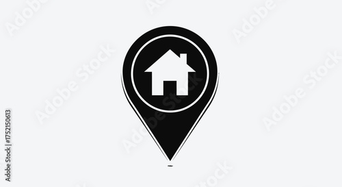 Black house icon inside a location pin, indicating a home address or property location.