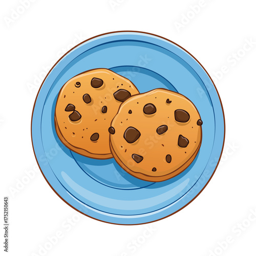 Delicious round chocolate chip cookies on a blue plate ready to be enjoyed as a sweet dessert snack