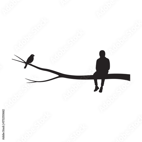 Man and bird on a branch silhouette