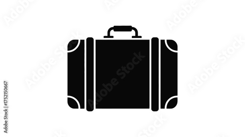 Classic black silhouette of a vintage suitcase with a handle and reinforced corners on a white background