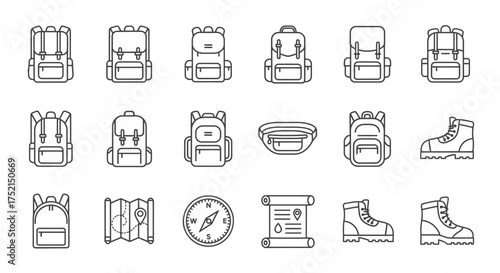 Line art illustration featuring various backpacks, hiking boots, a map, a compass, and a scroll, all related to outdoor adventure.