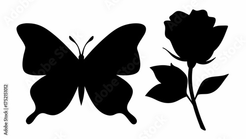 Silhouette of a butterfly with spread wings next to a rose with a stem and leaf on a white background