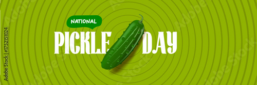 National Pickle day horizontal banner design template with text and pickled cucumbers isolated on green geometric pattern background. Pickle day flyer. 14 november national day of pickled cucumber