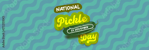 National Pickle day horizontal banner design template with text and pickled cucumbers isolated on green geometric pattern background. Pickle day flyer. 14 november national day of pickled cucumber