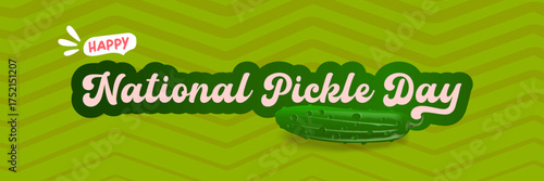 National Pickle day horizontal banner design template with text and pickled cucumbers isolated on green geometric pattern background. Pickle day flyer. 14 november national day of pickled cucumber