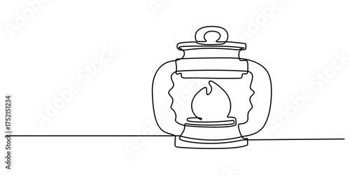 Abstract vintage kerosene lamp or lantern , continuous one line art hand drawing sketch, Kerosene lantern one line continuous. Line art paraffin lamp. Hand drawn vector art,  Camping backpack vector.
