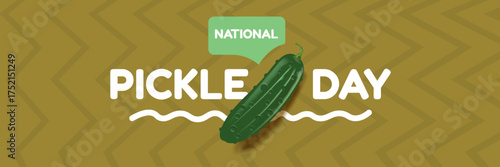 National Pickle day horizontal banner design template with text and pickled cucumbers isolated on green geometric pattern background. Pickle day flyer. 14 november national day of pickled cucumber