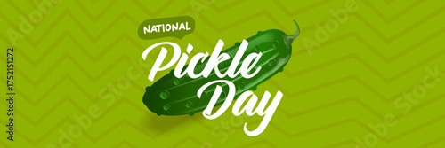 National Pickle day horizontal banner design template with text and pickled cucumbers isolated on green geometric pattern background. Pickle day flyer. 14 november national day of pickled cucumber