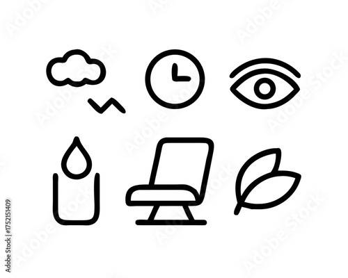 Set of minimalist icons featuring cloud, clock, eye, drop, chair, and leaf