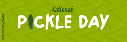 National Pickle day horizontal banner design template with text and pickled cucumbers isolated on green geometric pattern background. Pickle day flyer. 14 november national day of pickled cucumber