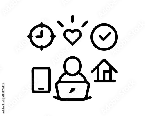 Person working remotely with clock, heart, checkmark, phone, and house icons