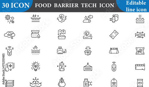 This food barrier tech icon set features editable line icons related to food preservation, packaging technology, and quality control. Perfect for food industry.