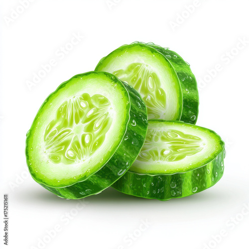 Vegan 3D Clipart Corncept, Fresh vegan cucumber 3d clip art with bright green sliced vegetable showing juicy inner texture healthy organic raw