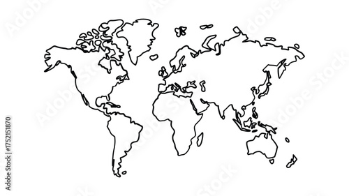 Simple outline map of the world showing continents and oceans in black and white