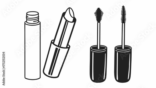 Illustration of a lipstick tube, mascara container and mascara brushes on a white background design created with generated ai 