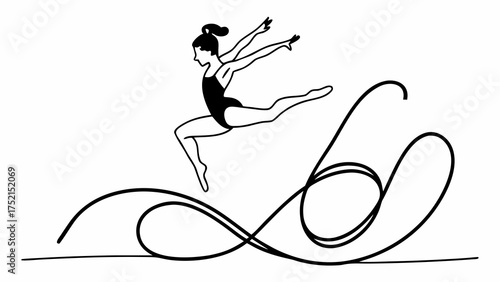 A graceful gymnast leaps over swirling ribbons in a dynamic monochrome illustration style image created with generated ai 