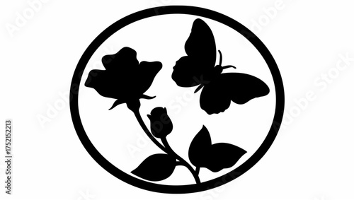 Silhouette of a butterfly and a rose with buds inside an oval frame in a black and white illustration