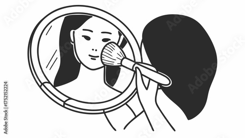 Woman applying makeup with brush while looking in a round mirror with black and white illustration style created with generated ai 