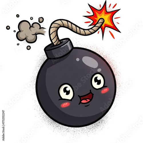 Hand-drawn cartoon bomb with a fuse lit and a smiling face, depicted in a playful and humorous style with red sparks and gray smoke emanating from