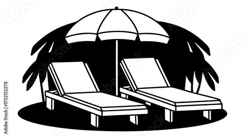 Two lounge chairs under an umbrella and palm tree creating a relaxing beach scene illustration created with generated ai 