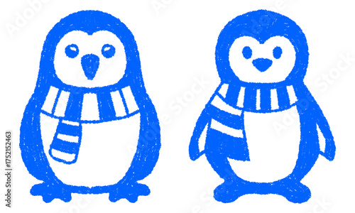 Hand drawn doodle crayon vector illustration of cute penguin wearing striped scarf