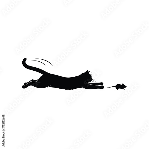 Black cat chasing a toy mouse silhouette