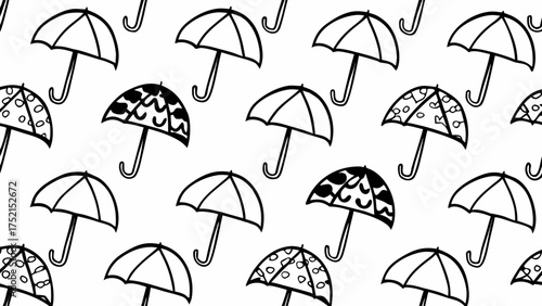 Seamless pattern of outlined umbrellas with varied designs in black and white color scheme illustration created with generated ai 