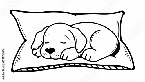A cartoon drawing of a puppy sleeping peacefully on a pillow with its eyes closed in black and white style created with generated ai 