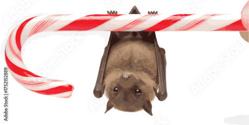 Cute bat hanging upside down on a candy cane isolated on white a whimsical holiday image