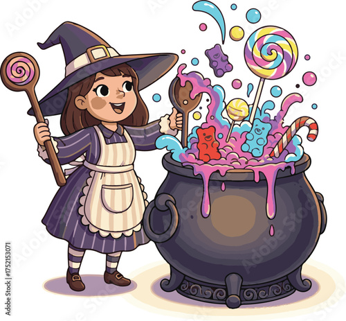 Cartoon witch stirring a cauldron of candy colorful illustration for Halloween isolated on a white background
