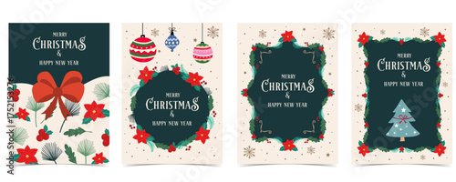 Cute christmas postcard with flower,christmas tree,bow,baubles.vector illustration for kid card invitation and new year design