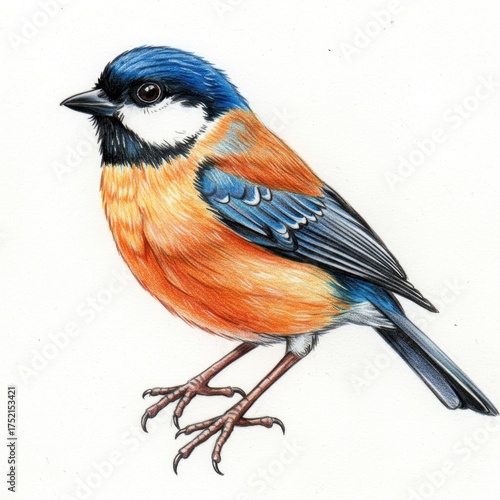 Detailed watercolor illustration of a vibrant Great Tit bird perched on its feet against a clean white background showcasing its intricate feather