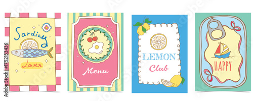 Vintage pastel canned sardine, egg on plate, lemon menu poster set in retro cartoon vector illustration style for summer party card