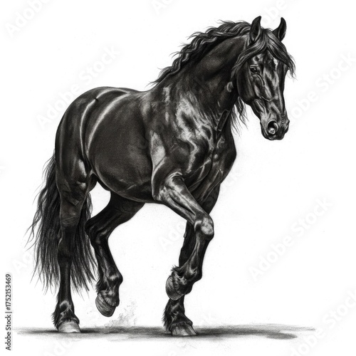 Elegant Black Friesian Stallion Galloping with Flowing Mane and Tail in a Dramatic White Background Showing Powerful Muscles and Athletic Build
