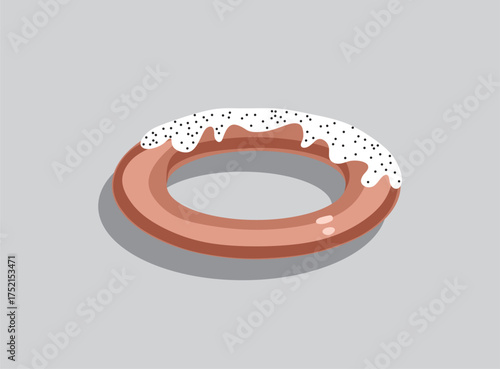 Vector illustration depicting sweet steering wheel with icing and poppy seeds with shadow. Isolated on gray background