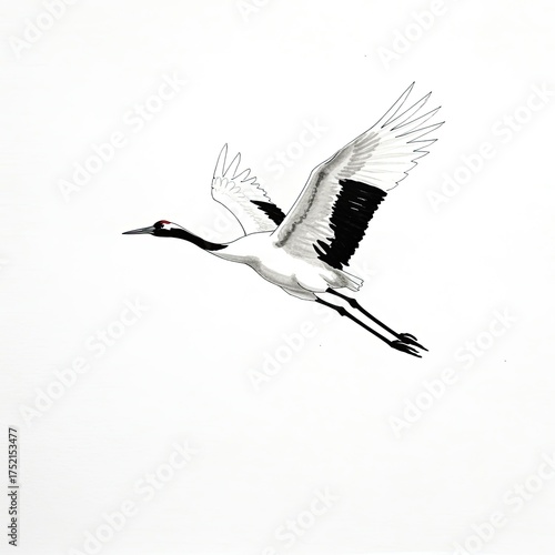 Majestic Red-Crowned Crane in Flight Against a Pure White Sky Symbolizing Grace and Longevity in Eastern Artistry with Elegant Feather Details and