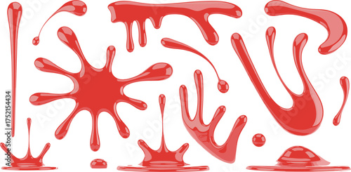 Red paint splashes and dripping stains isolated on white background, realistic splatter texture design for horror and artistic projects