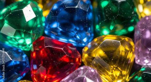 A vibrant collection of multi-colored faceted gemstones sparkling in the light, showcasing a rich palette of ruby red, sapphire blue, and emerald green