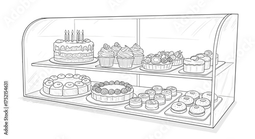 Sweet display with croissants, cakes, pastries and cupcakes freshly baked engraving sketch hand drawn style black and white vintage illustration vector