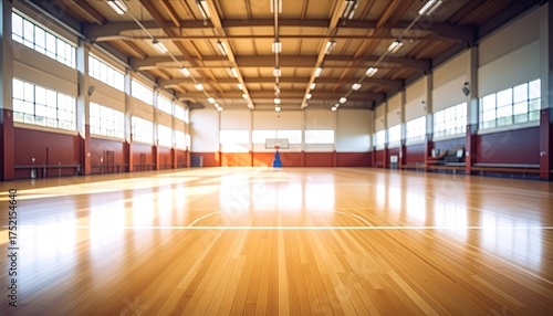 Wallpaper Mural Bright, empty gym. Wooden floor, basketball hoop visible Torontodigital.ca