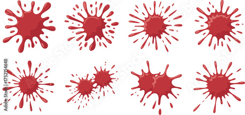 Red paint splashes and 3D liquid droplets isolated on white background, abstract artistic texture design for creative horror or art projects