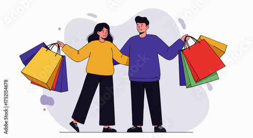 Flat style vector illustration of a happy couple shopping together, holding colorful bags, depicting consumer lifestyle, time together, spending and modern urban lifestyle.