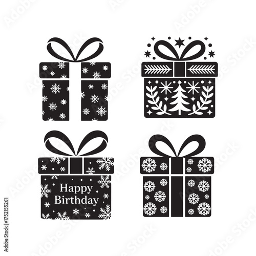 Four festive gift boxes with holiday and birthday designs detailed and elegant