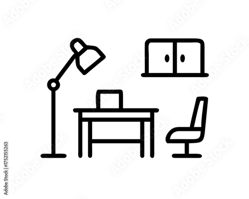 Illustration of a desk with lamp, chair, and cabinet