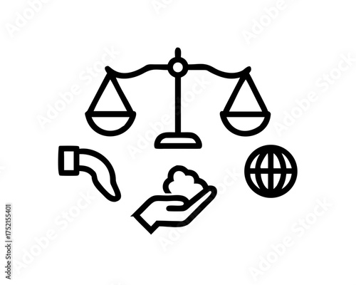 Icon of balance scales with hand offering money and globe