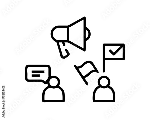 Icon illustration of people with megaphone and flags