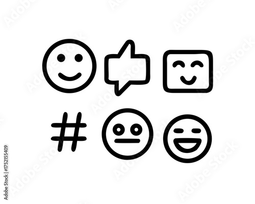 Icon illustration of various smiling faces and hashtag
